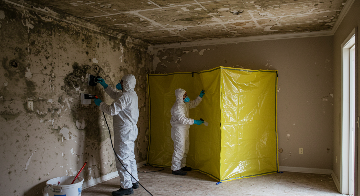 A team of two mold remediation professionals in full protective gear working on a large mold-affected area in a Houston home. The image shows one expert removing mold from a wall while the other sets up containment barriers.