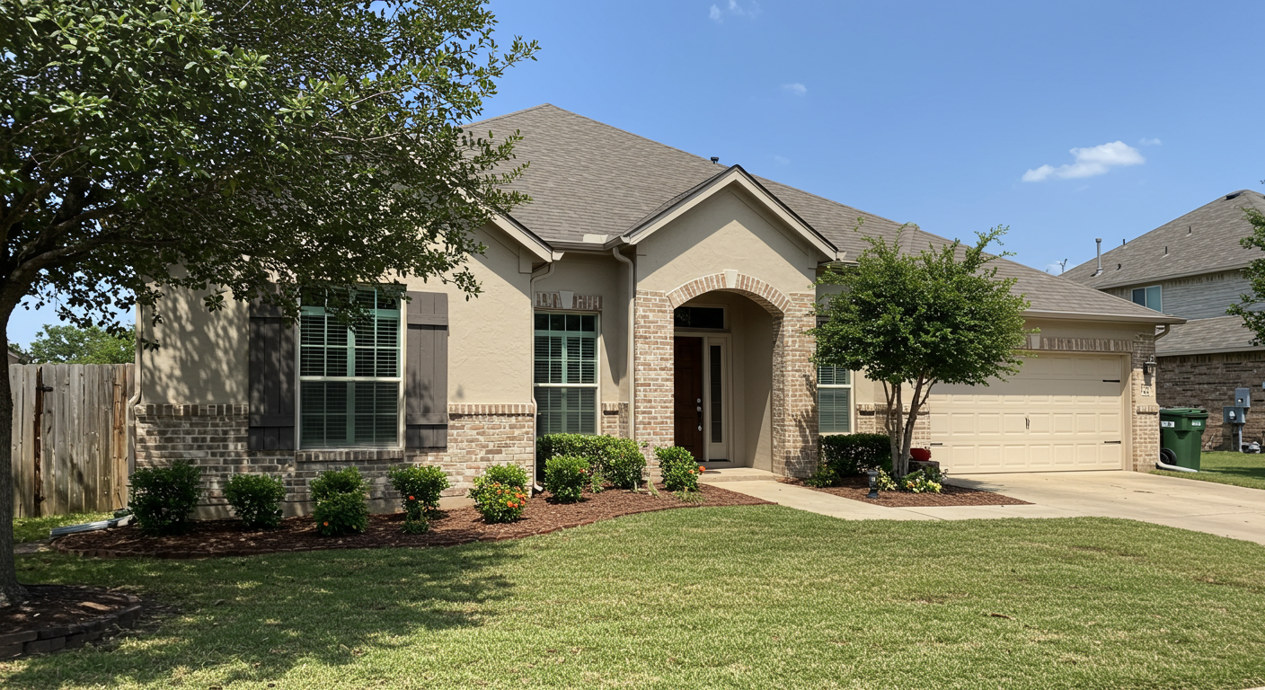 A well-maintained home exterior in Pasadena, TX, showcasing proper drainage systems and gutters. The image captures a sunny day, emphasizing a clean and dry environment.