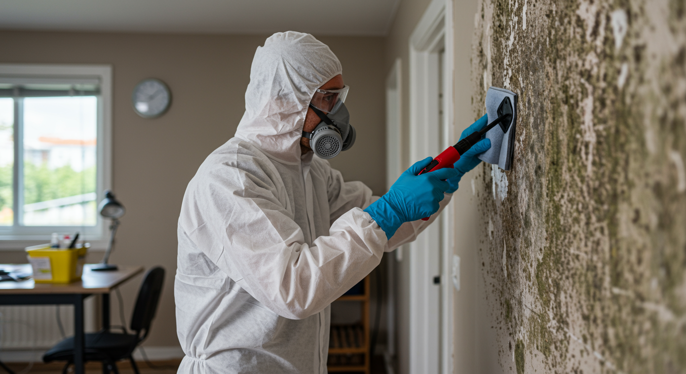 A professional mold remediation specialist wearing protective gear actively removing mold from a wall in a residential home.