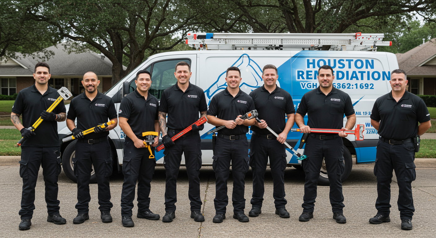 A team of professional mold remediation experts standing in front of a service van with 'Houston Mold Remediation' branding. The team is smiling and holding their tools, conveying trust and reliability. The background shows a suburban Houston neighborhood.