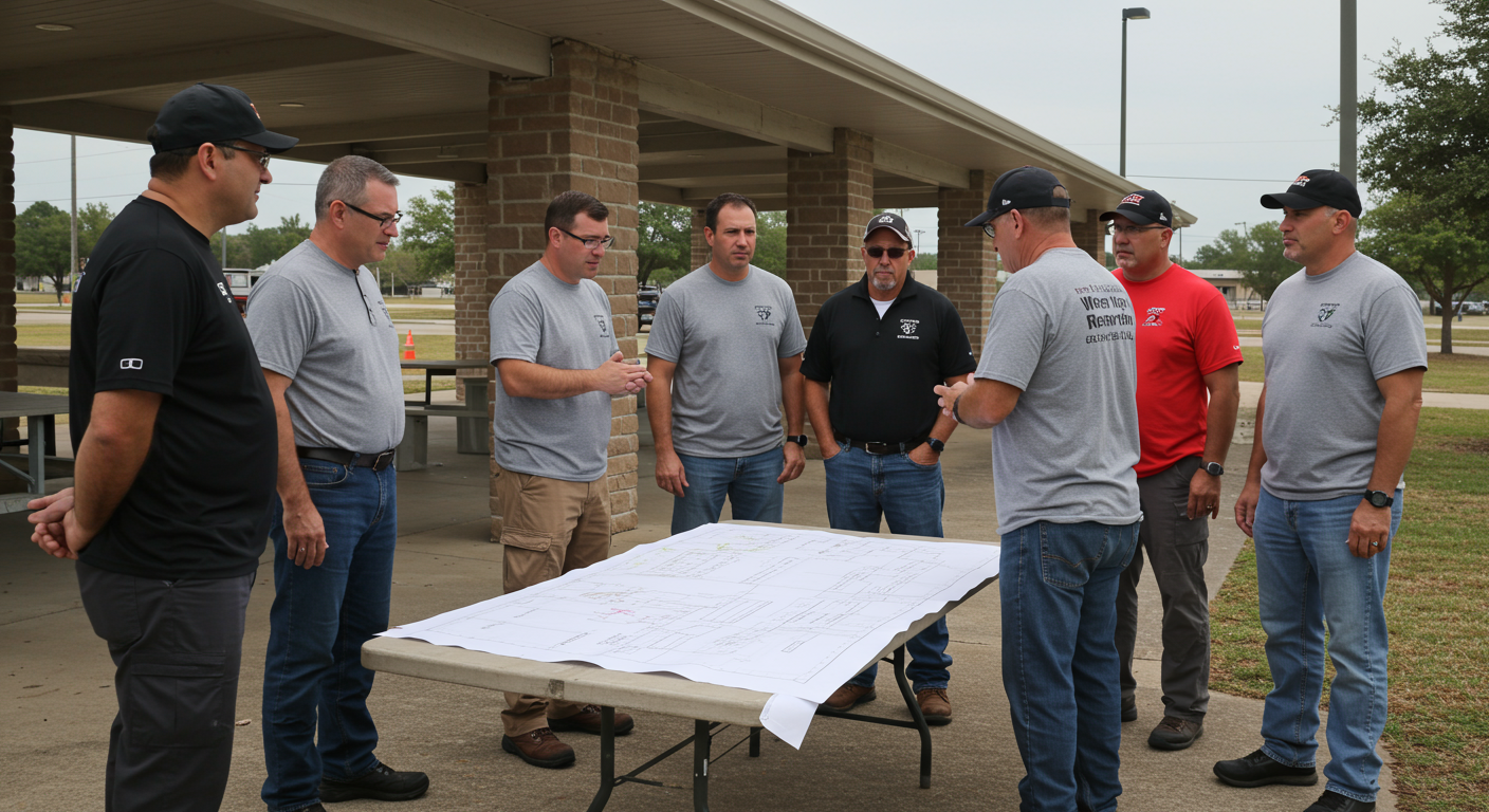 A group of local water damage restoration experts discussing a restoration plan outside a community center in Missouri City, TX, emphasizing teamwork and community involvement.