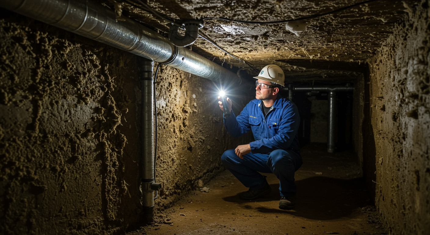 A technician inspecting a crawl space with a flashlight, showcasing the importance of regular maintenance. The space is dimly lit, revealing signs of moisture and potential mold growth.
