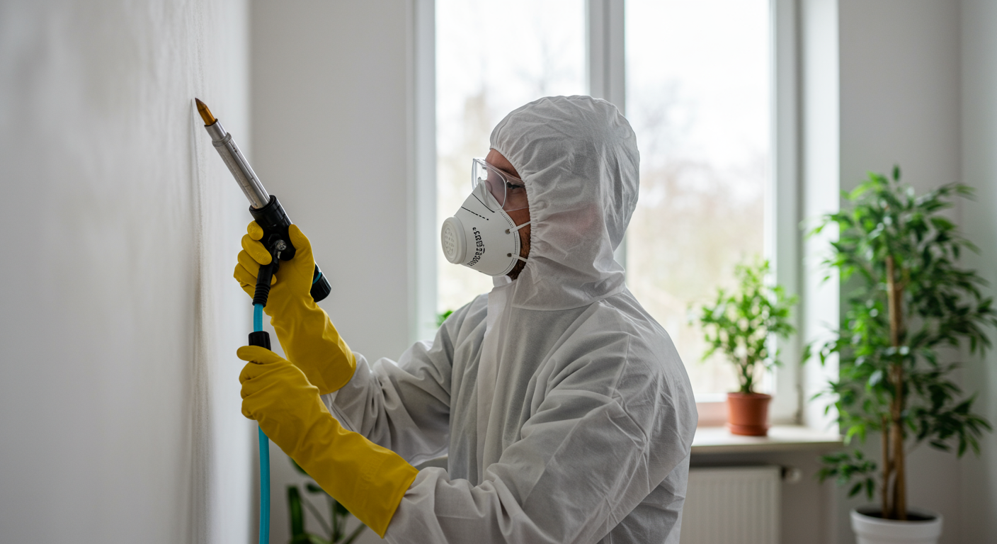 An eco-friendly mold removal technician in protective gear, applying a non-toxic mold treatment to a wall. The background features a well-lit room with plants, emphasizing a healthy indoor environment.