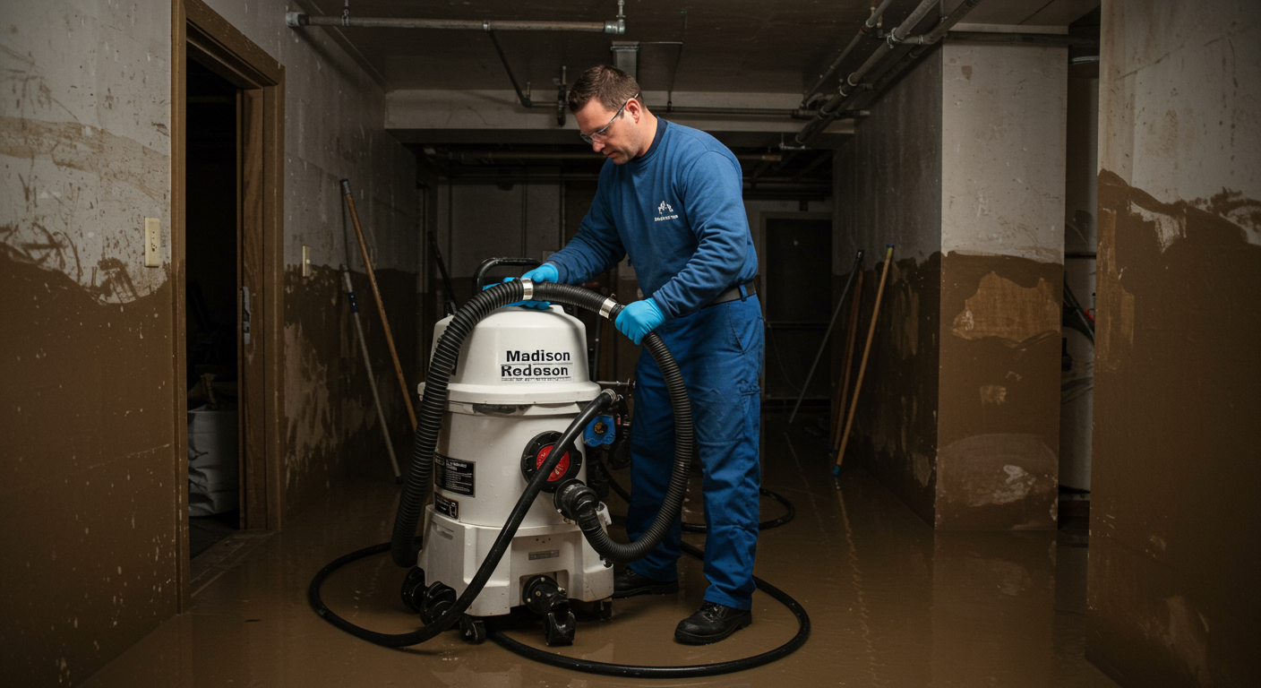 A professional restoration technician in Madison is using advanced equipment to extract water from a flooded basement. The technician is focused and wearing protective gear, showcasing the seriousness of the emergency response.