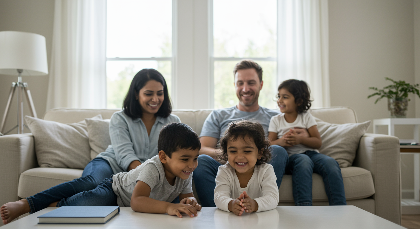 A family happily enjoying their clean home after mold remediation, with a focus on their relieved expressions.
