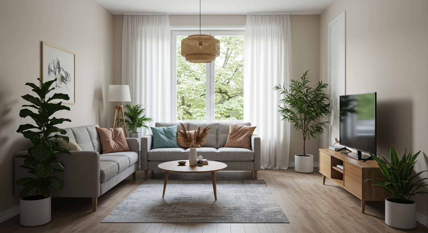 A bright, airy living room that conveys a sense of cleanliness and safety after mold remediation. The space is decorated with plants and natural light, symbolizing a healthy home environment.