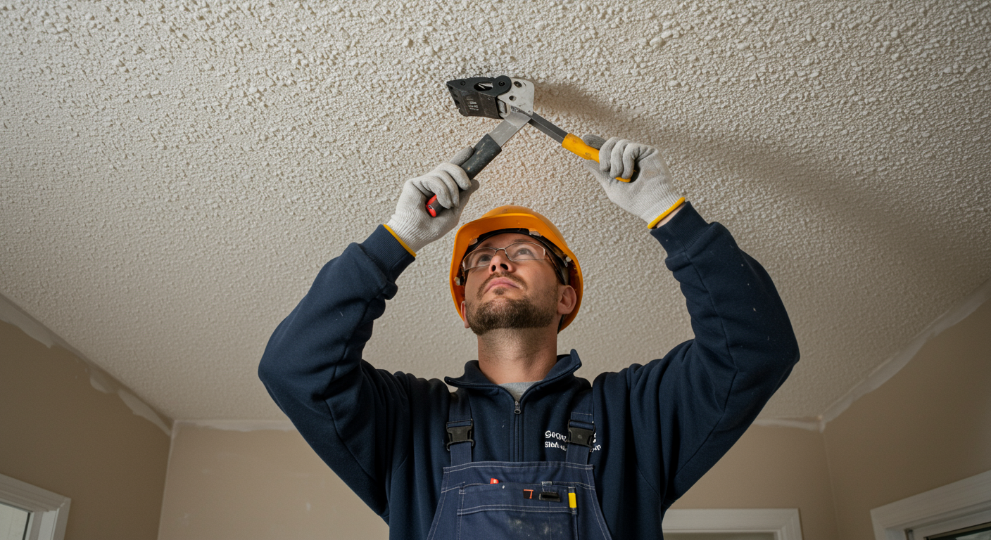 A professional contractor inspecting a popcorn ceiling with tools in hand, looking up thoughtfully. The room is well-lit, showcasing the popcorn texture clearly.
