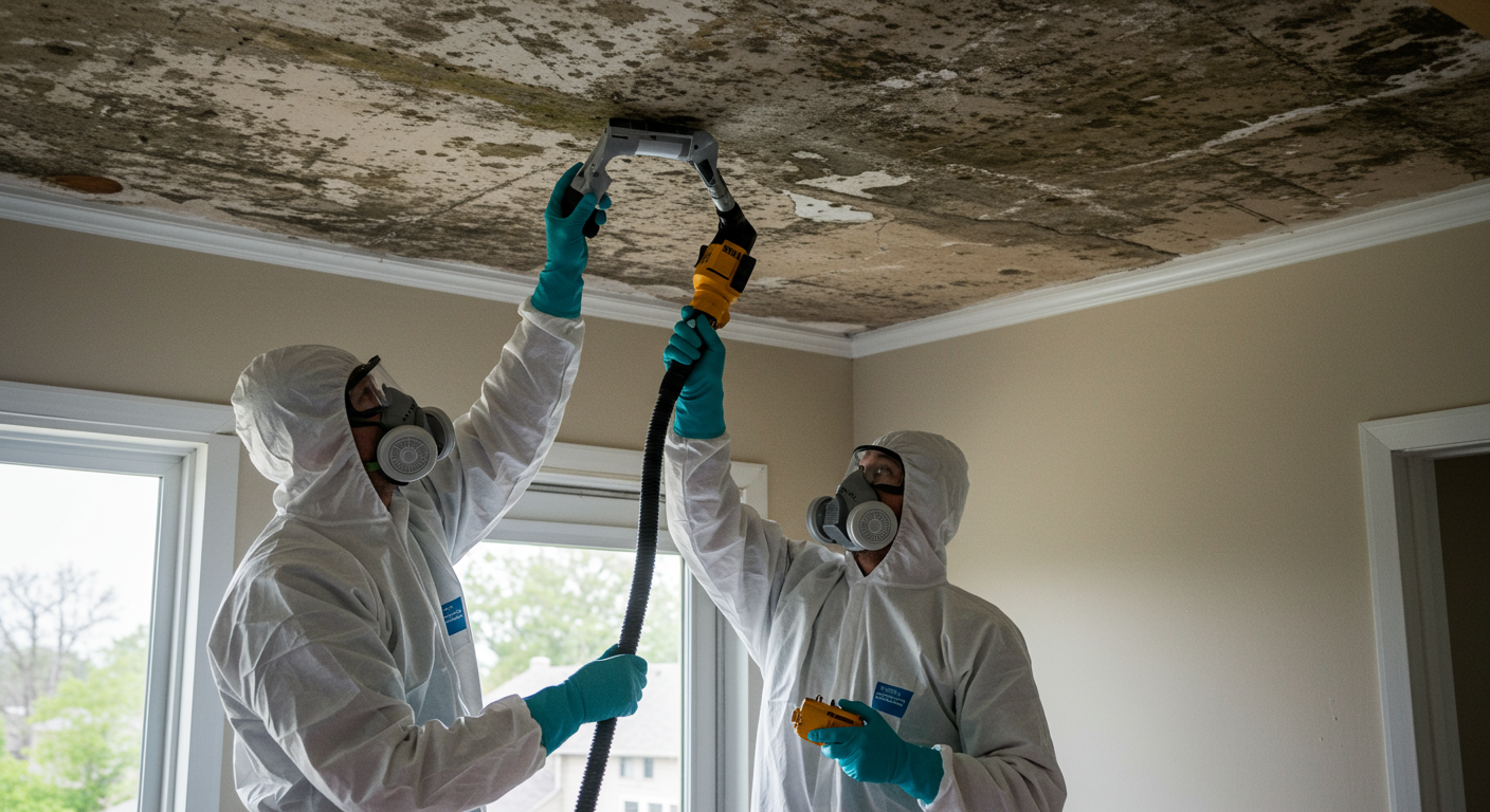 A professional mold remediation team in action, wearing protective suits and masks, using specialized equipment to remove mold from a ceiling.