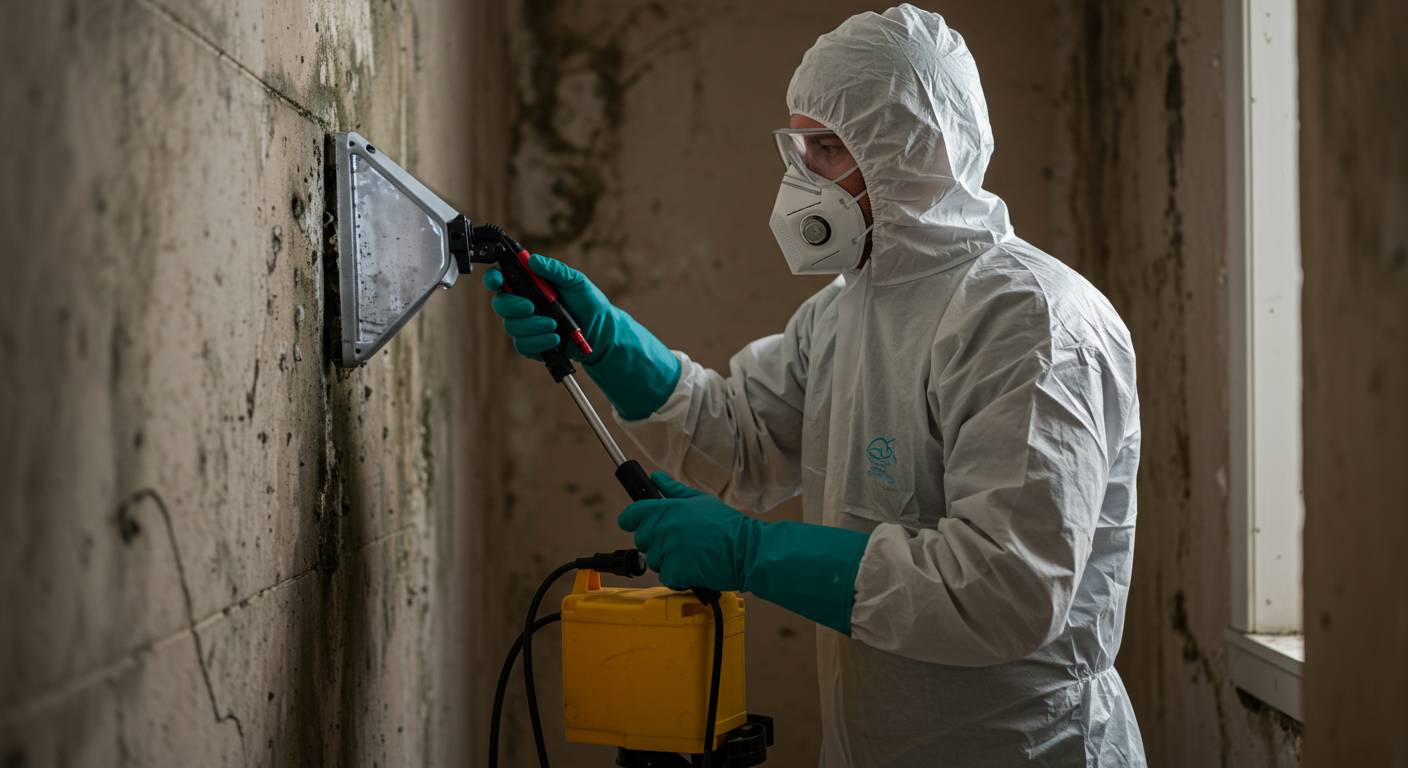 A professional mold remediation technician in protective gear, actively removing mold from a wall. The setting shows tools and equipment used in the remediation process, emphasizing safety and professionalism.