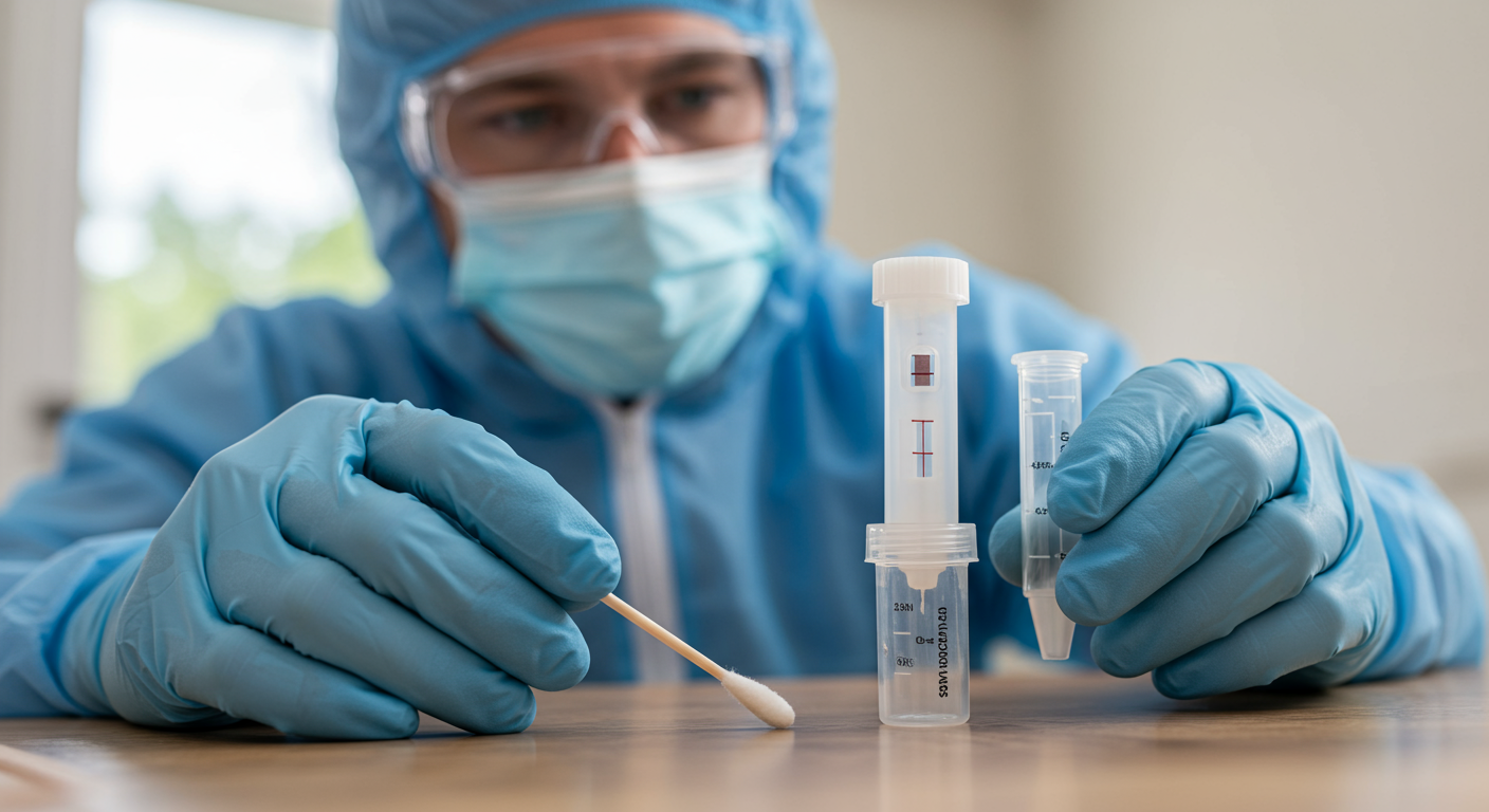 A close-up of a mold testing kit being used in a home, with the inspector taking samples from a surface.