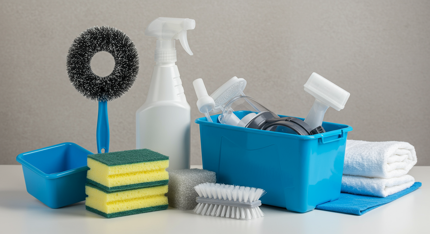 A neatly arranged set of mold removal tools including a spray bottle, sponge, scrub brush, and protective gear on a clean surface. The tools are well-lit and organized to emphasize readiness for action.