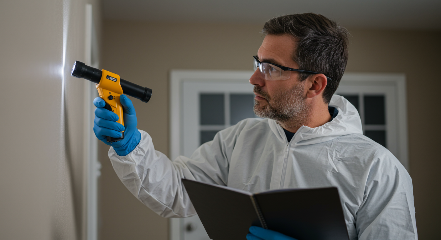 A professional mold inspector using a moisture meter and flashlight to examine a wall in a residential setting.