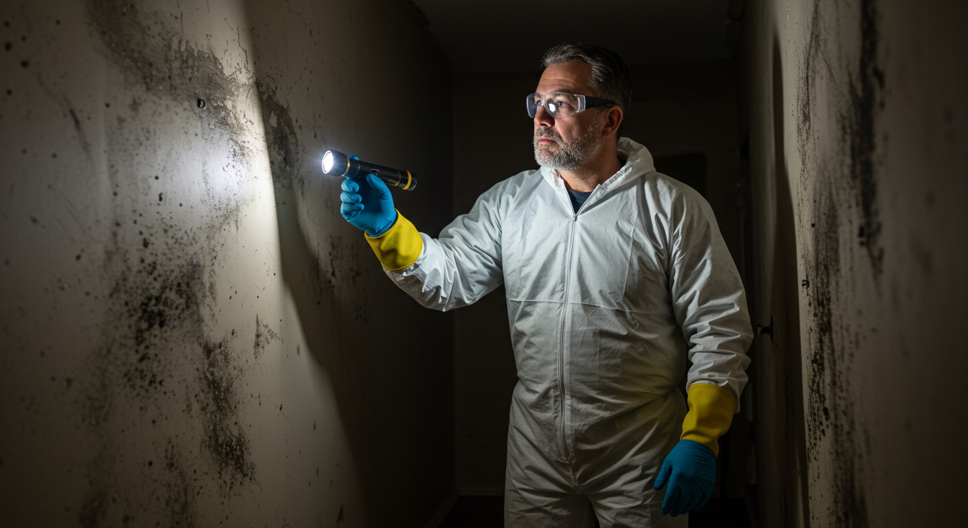 A professional wearing protective gear inspecting a home for black mold, using a flashlight to examine dark corners and walls.