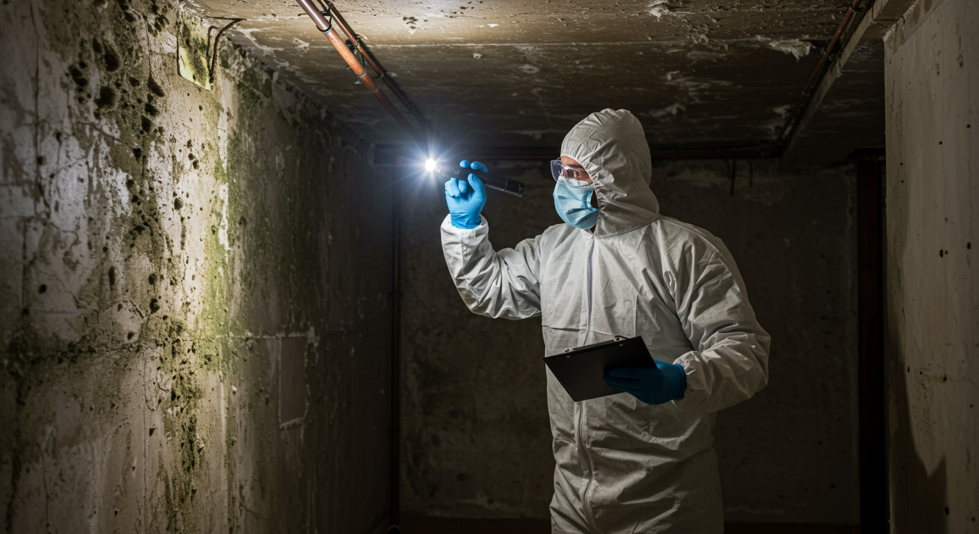 A professional mold removal technician in protective gear inspecting a residential basement for mold growth.