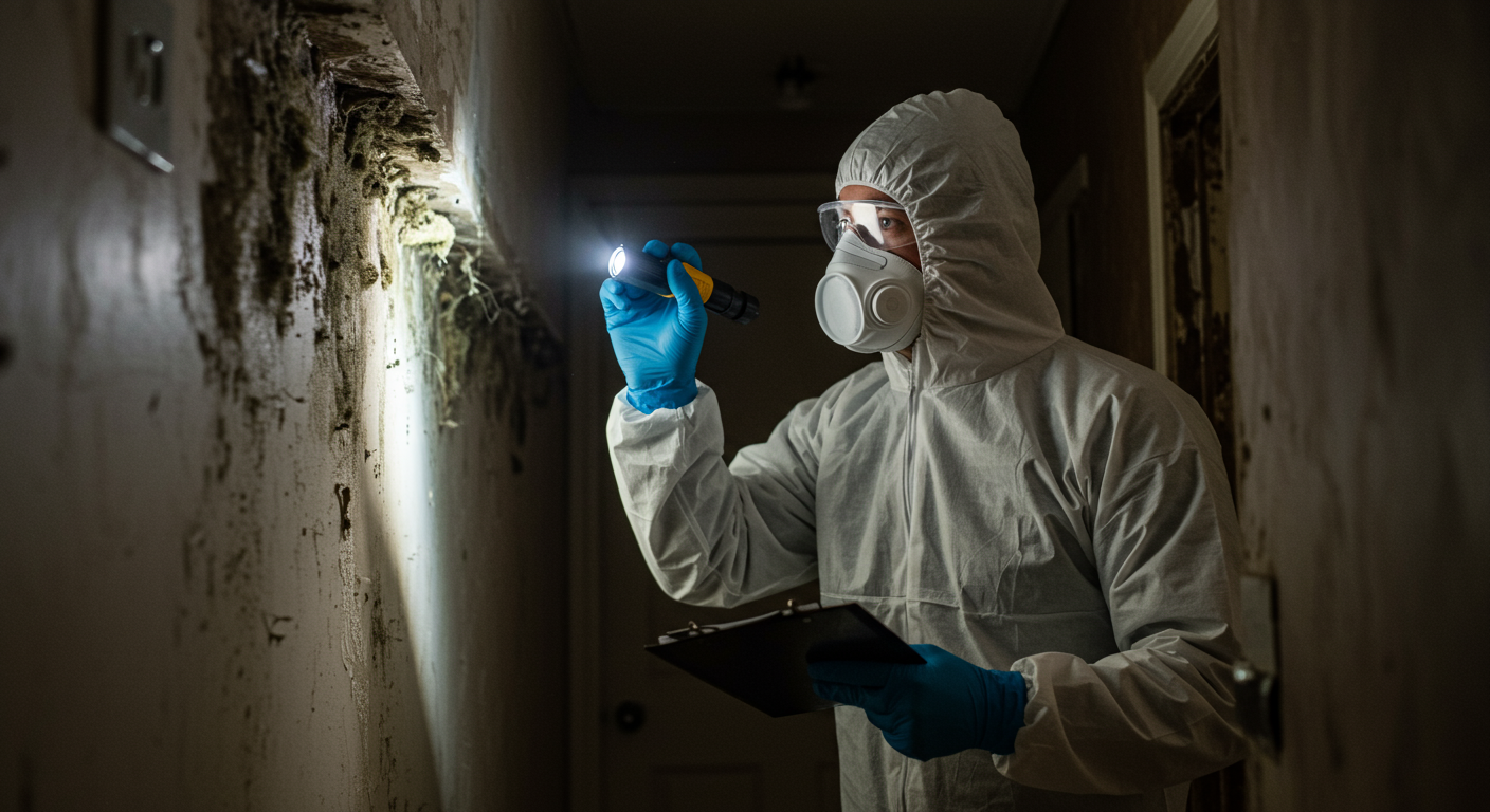 A professional mold remediation technician in protective gear inspecting a home for mold growth. The technician is using a flashlight to illuminate dark corners, showcasing their thorough approach.