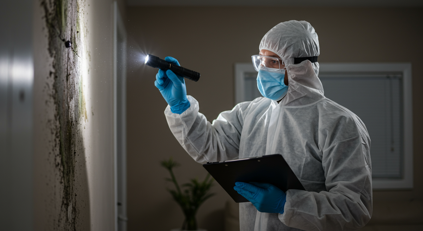 A professional mold inspector in protective gear examining a wall for mold growth with a flashlight.