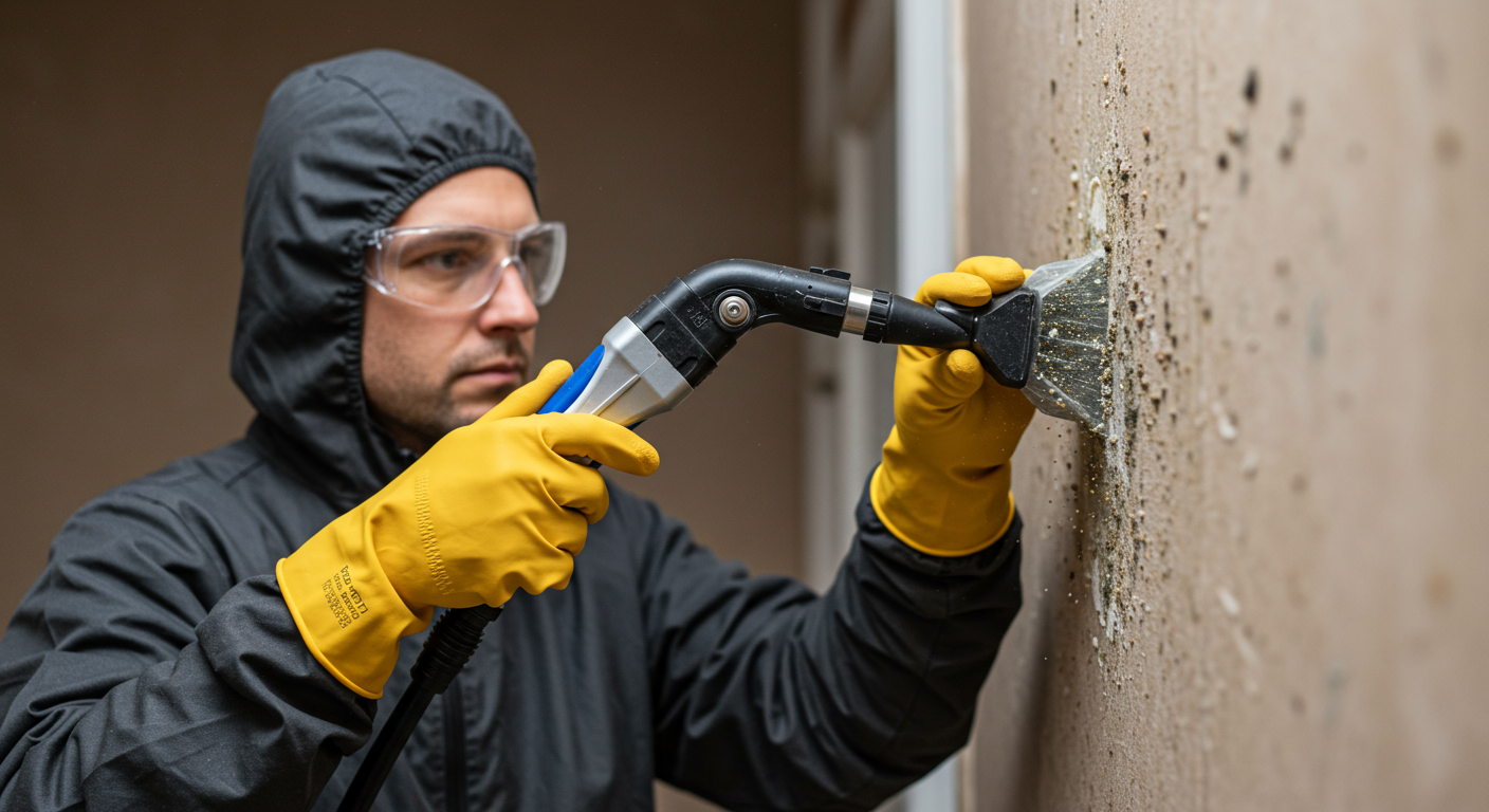 A close-up shot of a technician using specialized equipment to remove mold from a wall. The technician is focused and methodical, with mold spores visibly being extracted.