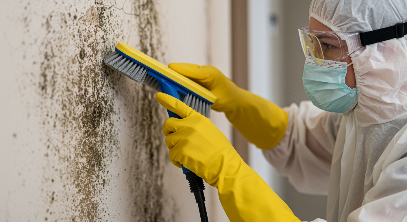 A close-up shot of a person wearing protective gear actively scrubbing a wall with visible mold.