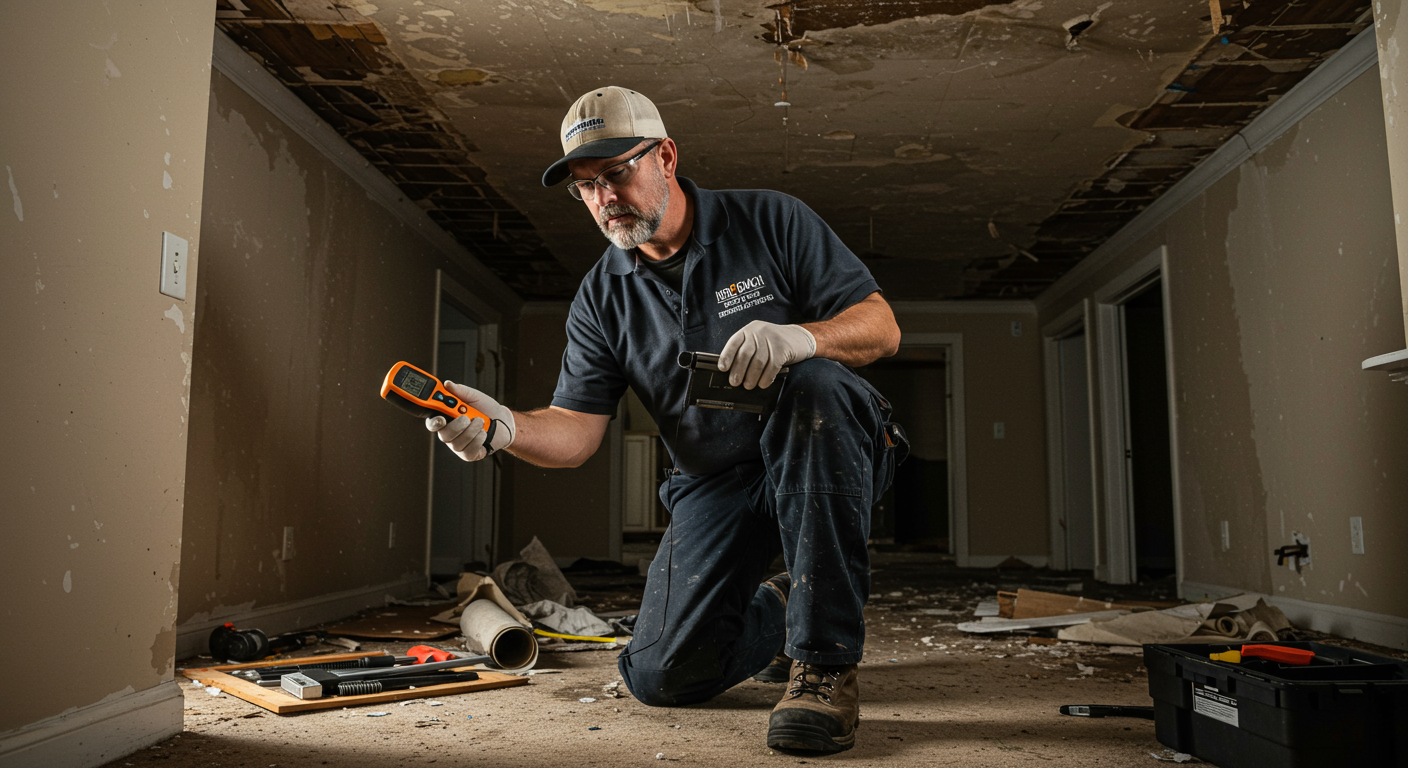 Professional restoration technician inspecting water damage in a home