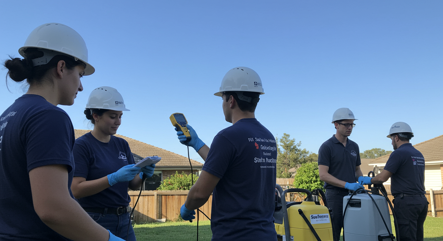 A serene image of a professional team working together on a flooded property, with one member using a moisture meter and others setting up drying equipment. The background shows a clear sky, symbolizing hope and recovery.