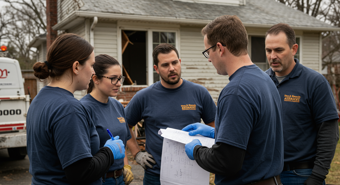 A water restoration team collaborating on-site, discussing the restoration plan in front of a damaged property. The team members are engaged and focused, showcasing teamwork and professionalism.