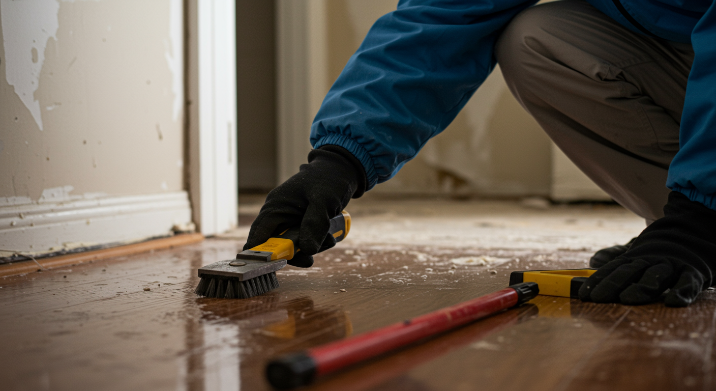 A close-up shot of a restoration expert inspecting water-damaged materials, such as drywall and flooring, with tools in hand. The background features a water-damaged room, emphasizing the assessment process.