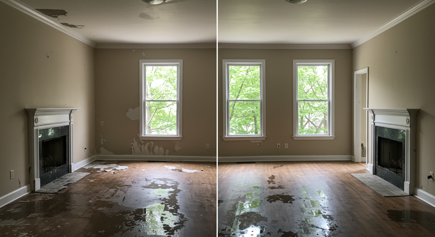 A before-and-after comparison of a water-damaged room restored to its original condition.
