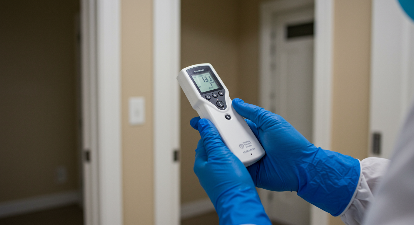 A technician using an air quality testing device in a freshly cleaned room. The image conveys a sense of safety and cleanliness, highlighting the importance of air quality after mold removal.