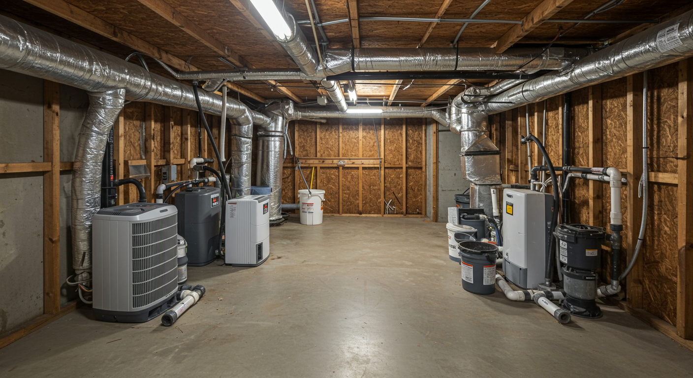 An interior view of a crawl space featuring various moisture control solutions, such as dehumidifiers and sump pumps. The image emphasizes the importance of controlling humidity and moisture levels.
