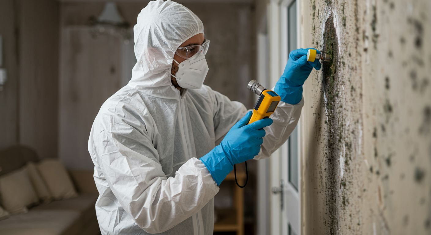 A professional mold inspector wearing safety gear examines a damp wall with a moisture meter. The background shows a residential setting with visible signs of mold growth.