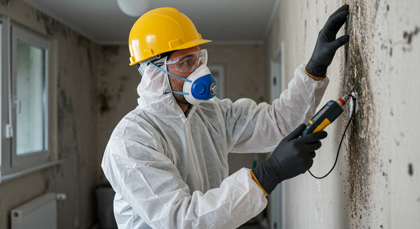Professional mold inspector examining a wall with a moisture meter