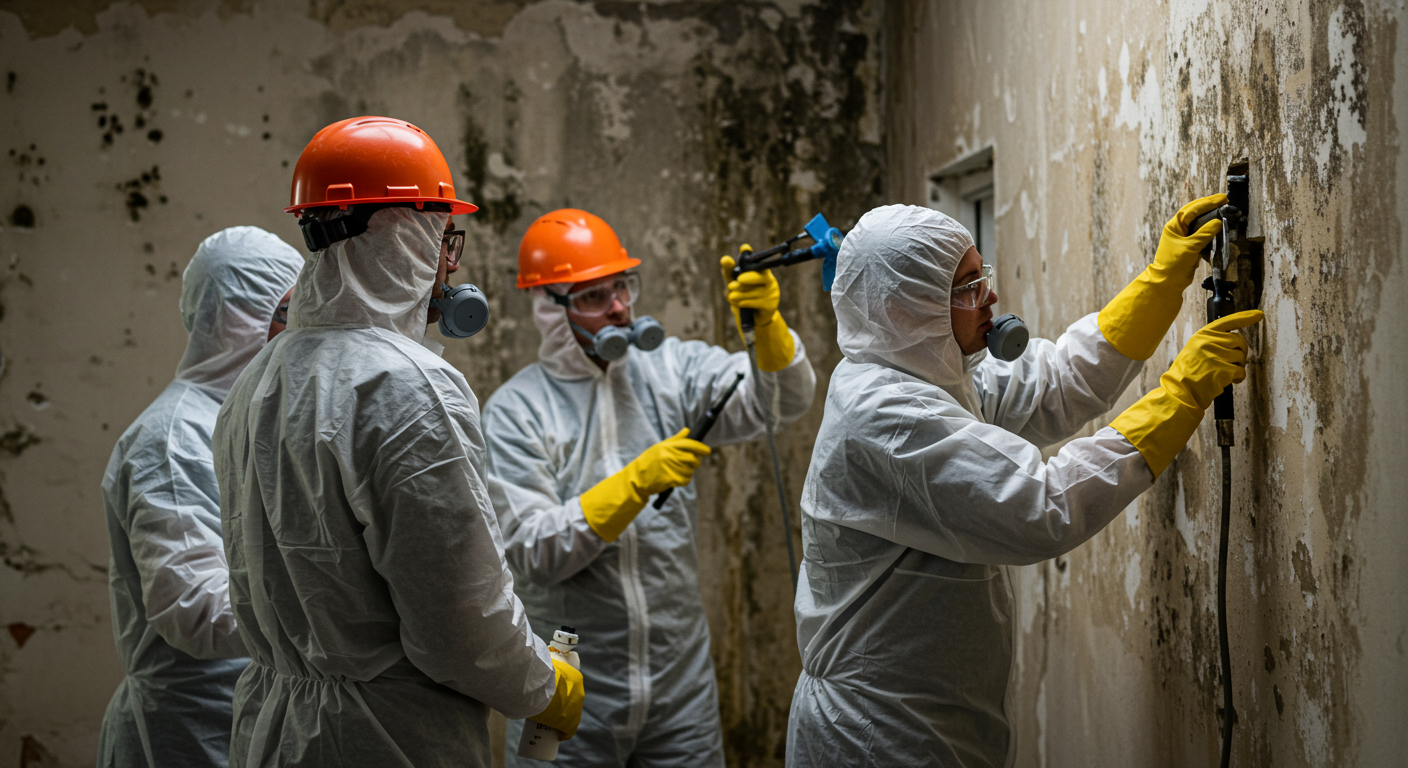 A team of professionals in protective gear working together to remove mold from a wall. The focus is on teamwork and the process of remediation.
